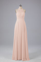 Elegant Halter Illusion Lace Floor Length Bridesmaid Dresses