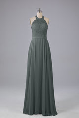 Elegant Halter Illusion Lace Floor Length Bridesmaid Dresses