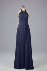 Elegant Halter Illusion Lace Floor Length Bridesmaid Dresses