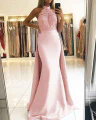 Elegant Halter Lace Mermaid Satin Floor Length Prom Dresses