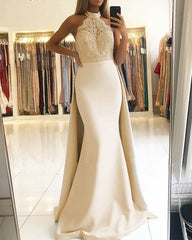 Elegant Halter Lace Mermaid Satin Floor Length Prom Dresses