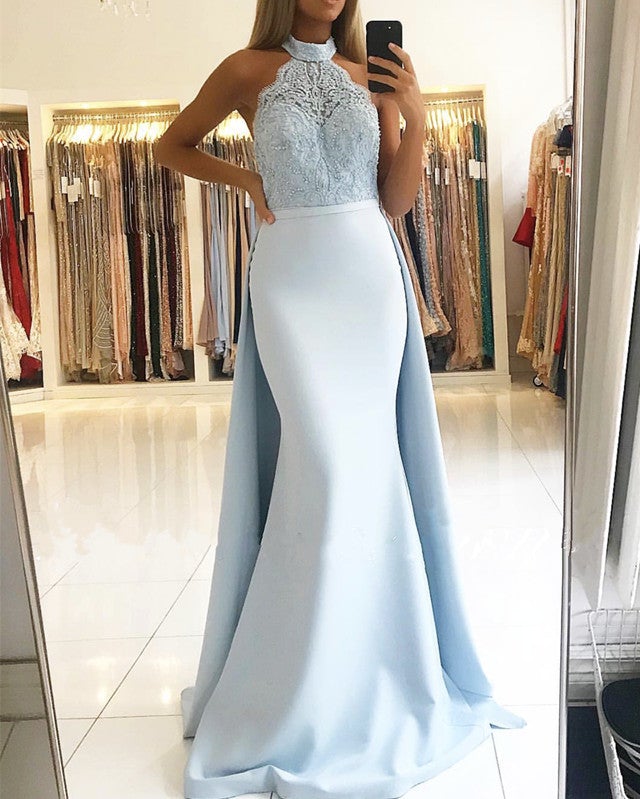Elegant Halter Lace Mermaid Satin Floor Length Prom Dresses