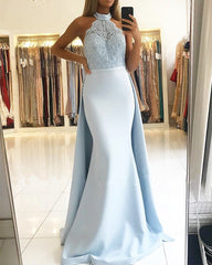 Elegant Halter Lace Mermaid Satin Floor Length Prom Dresses