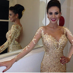 Elegant Lace Appliques Long Sleeves Sequin Prom Dresses Mermaid Evening Gowns