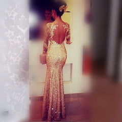 Elegant Lace Appliques Long Sleeves Sequin Prom Dresses Mermaid Evening Gowns