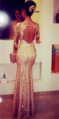 Elegant Lace Appliques Long Sleeves Sequin Prom Dresses Mermaid Evening Gowns