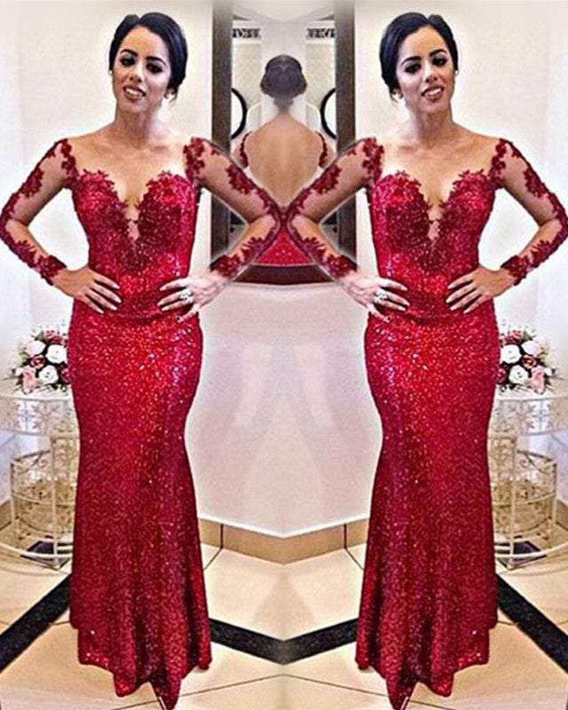 Elegant Lace Appliques Long Sleeves Sequin Prom Dresses Mermaid Evening Gowns