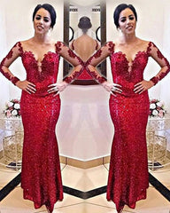 Elegant Lace Appliques Long Sleeves Sequin Prom Dresses Mermaid Evening Gowns
