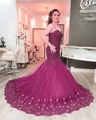 Elegant Lace Flowers Beaded Sweetheart Tulle Mermaid Evening Dresses