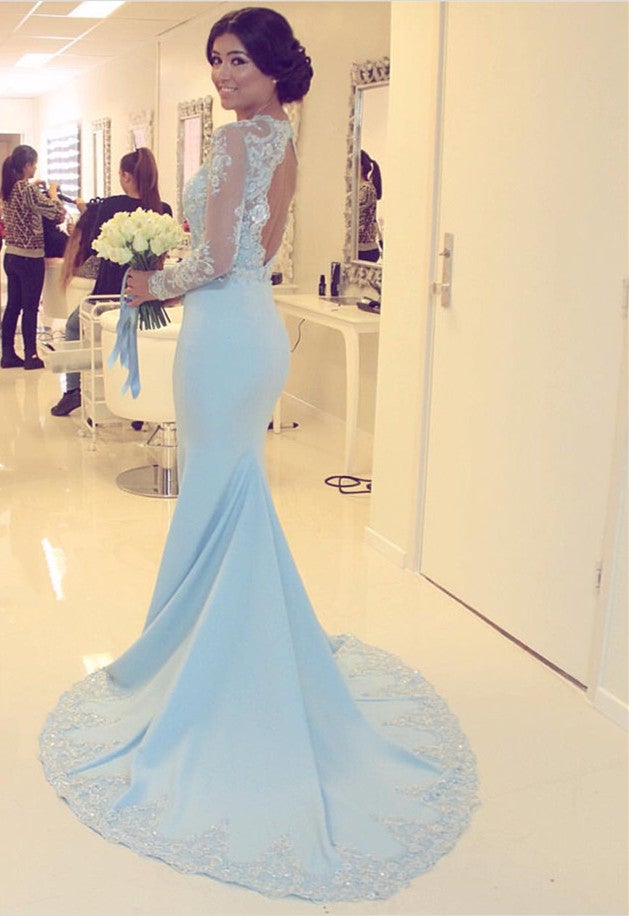 Elegant Lace Long Sleeves Open Back Mermaid Evening Dresses