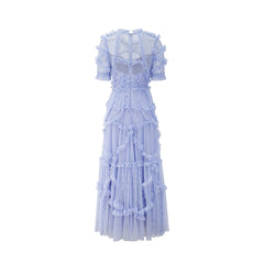 Elegant A-Line Mock Neck Short Sleeves Tulle Tiered Ruffle Prom Dresses