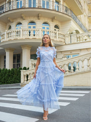 Elegant A-Line Mock Neck Short Sleeves Tulle Tiered Ruffle Prom Dresses