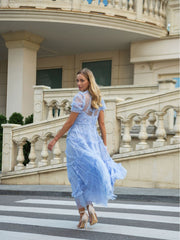 Elegant A-Line Mock Neck Short Sleeves Tulle Tiered Ruffle Prom Dresses