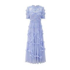 Elegant A-Line Mock Neck Short Sleeves Tulle Tiered Ruffle Prom Dresses