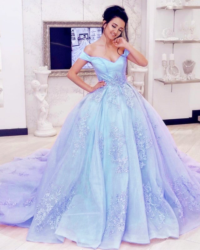 Elegant Organza Ball Gown Dresses Off Shoulder Lace Appliques