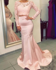 Elegant Pink Two Piece Prom Dresses Mermaid Long Sleeve