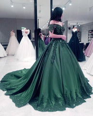 Elegant Satin Ball Gown Off Shoulder Dresses Appliques Beaded