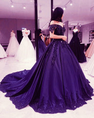 Elegant Satin Ball Gown Off Shoulder Dresses Appliques Beaded