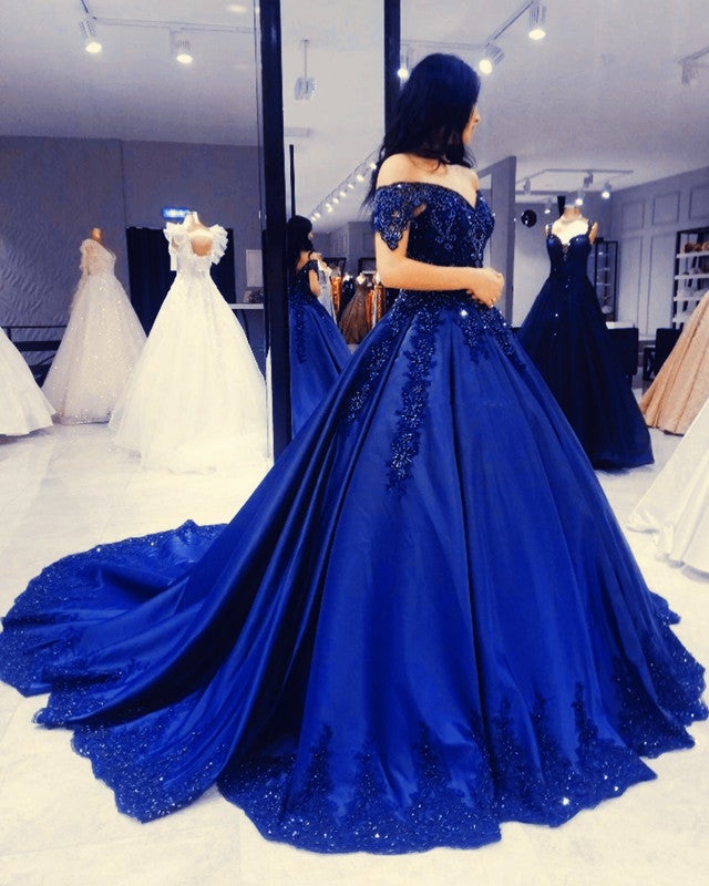Elegant Satin Ball Gown Off Shoulder Dresses Appliques Beaded