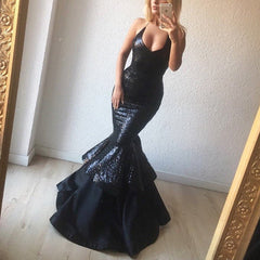 Elegant Sequins V Neck Ruffle Mermaid Evening Gowns Bodice Corset