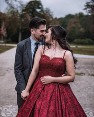 Elegant Spaghetti Straps Sweetheart Lace Prom Dresses Ball Gowns
