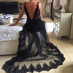 Elegant V Neck Long Black Lace See Through Prom Dresses