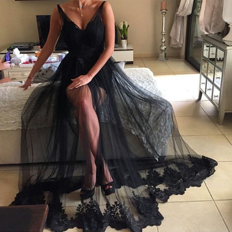 Elegant V Neck Long Black Lace See Through Prom Dresses