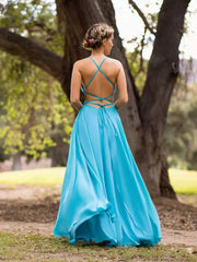 Elegant A-line chiffon and straight collar, slim shoulder straps sleeveless cross hollow backless Prom Dresses