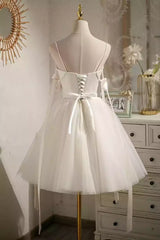 Elegant A-line chiffon short, thin shoulder strap, sleeveless neckline, bow tie, back, Prom Dresses