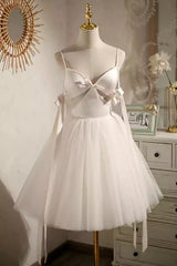 Elegant A-line chiffon short, thin shoulder strap, sleeveless neckline, bow tie, back, Prom Dresses