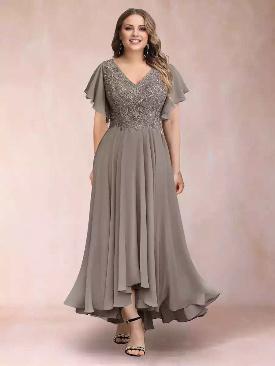 Elegant A-line/princess V-neck short sleeved long plus size decal Mother of the Bride Dresses