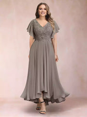 Elegant A-line/princess V-neck short sleeved long plus size decal Mother of the Bride Dresses
