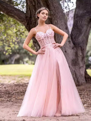 Elegant A-line thin shoulder strap with lace decal and sheer fabric, slit zipper on the back, Prom Dresses