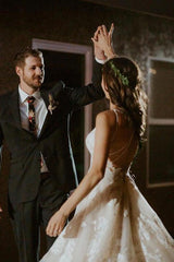 A-line V-Neck Elegant Appliqued Straps Backless Wedding Dresses