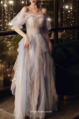 Elegant Fashion Tulle Convertible off The Shoulder Tiered A-line Prom Dresses, CP0710