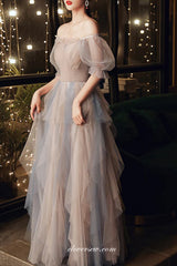 Elegant Fashion Tulle Convertible off The Shoulder Tiered A-line Prom Dresses, CP0710