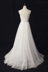 Elegant Ivory Tulle V-neck A Line Floor Length Wedding Dresses  WD177