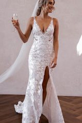 Elegant Mermaid V Neck Lace Boho Wedding Dresses with Slit TN386