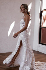 Elegant Mermaid V Neck Lace Boho Wedding Dresses with Slit TN386