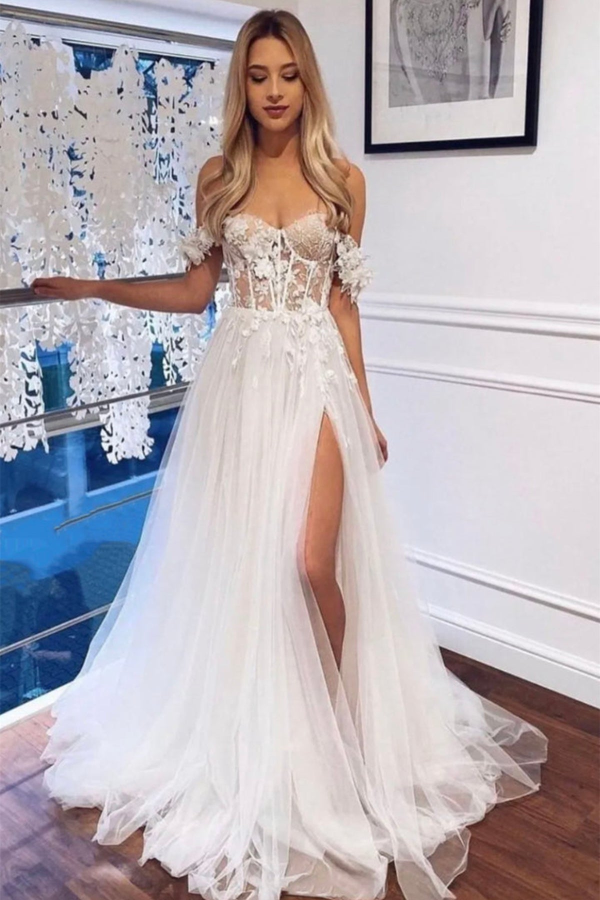 Elegant Off Shoulder White Lace Tulle Long Prom Dress with High Slit, Off the Shoulder White Wedding Dress, White Lace Formal Evening Dress A1632