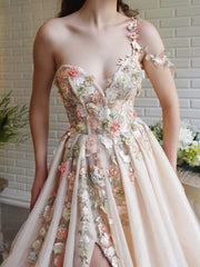 Elegant One Shoulder Champagne Prom Dresses with Flower, One Shoulder Champagne Floral Formal Evening Dresses