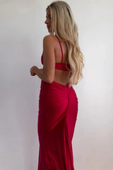 Elegant Red Mermaid Satin Spaghetti Straps Cut-out Long Prom Dress
