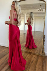 Elegant Red Mermaid Satin Spaghetti Straps Cut-out Long Prom Dress
