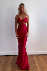 Elegant Red Mermaid Satin Spaghetti Straps Cut-out Long Prom Dress