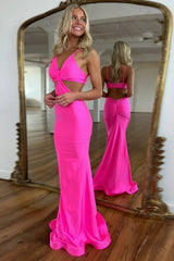 Elegant Red Mermaid Satin Spaghetti Straps Cut-out Long Prom Dress