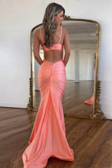Elegant Red Mermaid Satin Spaghetti Straps Cut-out Long Prom Dress