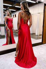 Elegant Red Straps Corset Back Long Prom Evening Dress with Slit TP1185