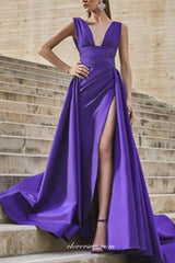Elegant Satin V-neck Sleeveless High Waist Formal Dresses, CP0783