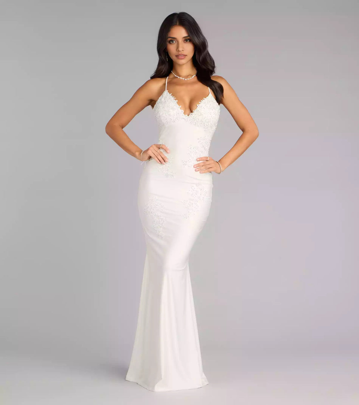 Elegant Smooth Knitted Deep V-Back Lace Beaded Stickers Adjustable Strap Mermaid and Ground Prom Dresses