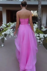 Elegant Strapless Layered Pink Prom Dresses Long, Strapless Pink Formal Graduation Evening Dresses A1868
